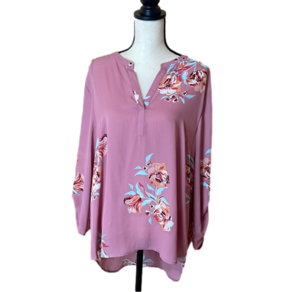 Daniel Rainn Koda Split Neck Pink Floral Tunic Blouse - size XXL - NWT